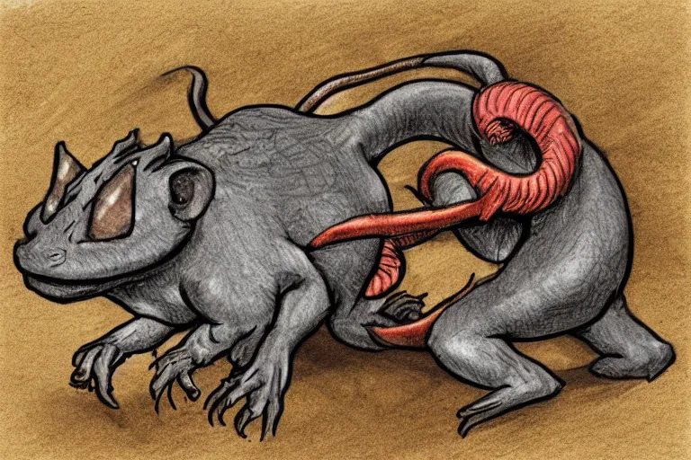 Prompt: flaggy limestone rat,in the style of Stephen Youll and Matt Jefferies,trending on artstation, rocky lighting top view,dungeons and dragons ,colored pencil art ,polaroid ,creature concept art,Lovecraftian ,