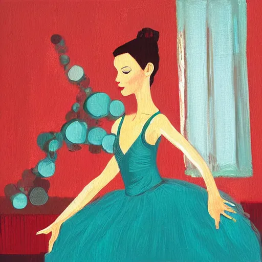 Image similar to square painting of a ballerina drinking wine in a teal room all on a red background