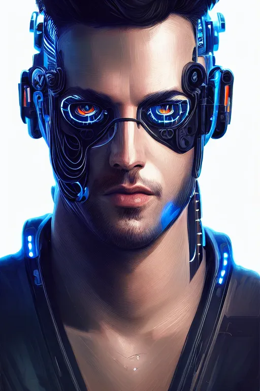 Prompt: a portrait of the handsome cyberpunk cyborg, high - contrast, intricate, elegant, highly detailed, digital painting, artstation, concept art, smooth, sharp focus, illustration