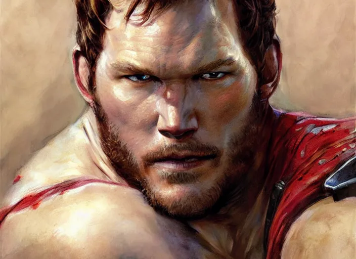 Image similar to a highly detailed beautiful portrait of chris pratt as kratos, by gregory manchess, james gurney, james jean