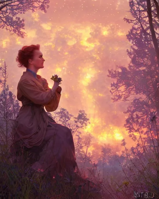 Image similar to marie curie on icerberg, evening, burning skies, 4 k, ultra realistic, beautiful eyes, epic lighting, starry sky, magical, glowing forest, mushrooms, machines, high detail, masterpiece, trending on artstation by artgerm and akihito tsukushi and alphonse mucha