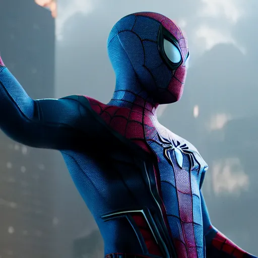 Image similar to ryan reynolds as a black and blue suit spider - man, cinematic, volumetric lighting, f 8 aperture, cinematic eastman 5 3 8 4 film, photorealistic