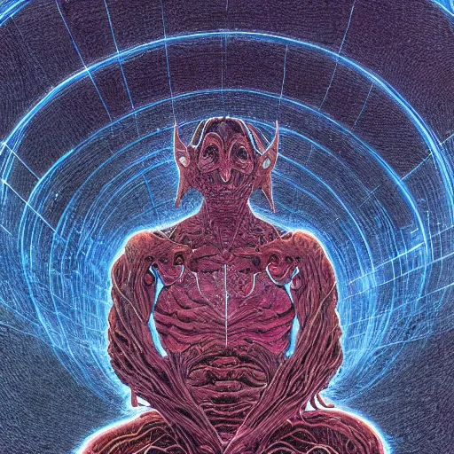 Image similar to an exhausted deity, contemplating existence, beyond the known universe, fine art, bokeh, omnidimensional, ocd, electroluminescent wire by wayne barlowe + jack davis