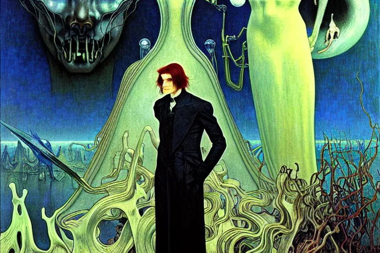 Image similar to realistic extremely detailed portrait painting of an elegantly creepy vampire man in cape, futuristic sci-fi landscape on background by Jean Delville, Amano, Yves Tanguy, Alphonse Mucha, Ernst Haeckel, Edward Robert Hughes, Roger Dean, rich moody colours, blue eyes