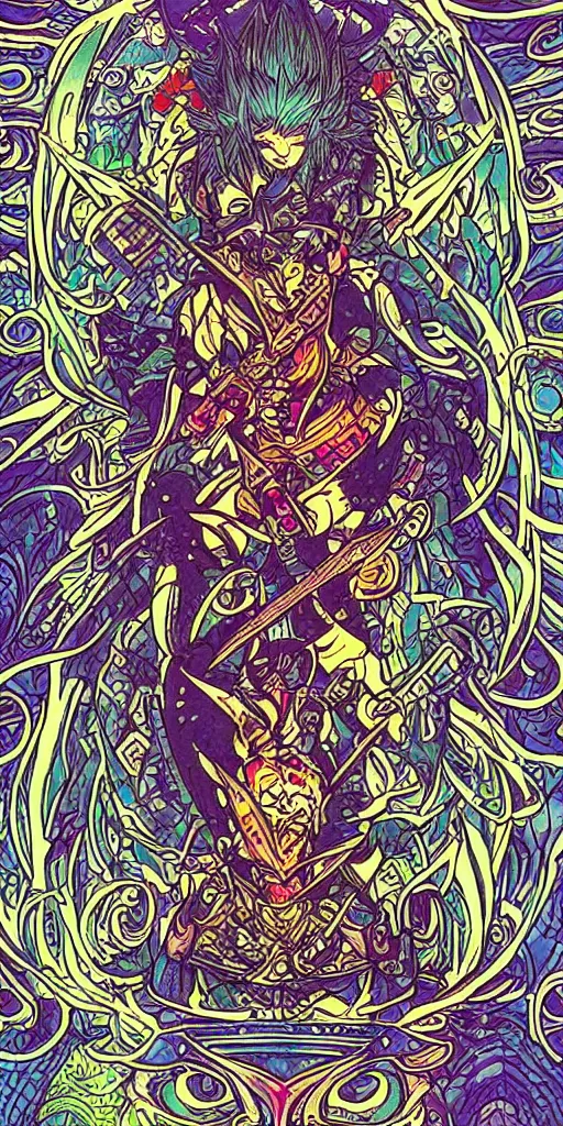 Image similar to a ninja from final fantasy 14, intricate, amazing line work, cosmic, psychedelic, cheerful, colorful, tarot cards, the devil tarot card