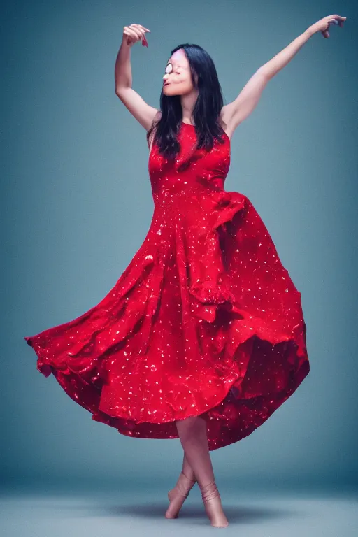 Image similar to full body portrait of a female in a dancing pose, red floral dress, cinematic lighting, 4 k,