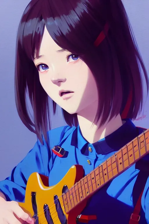 Image similar to a cute girl wearing school uniform playing electric guitar | | really good looking face!!, realistic shaded perfect face, fine details, anime, realistic shaded lighting poster by ilya kuvshinov katsuhiro otomo ghost - in - the - shell, magali villeneuve, artgerm, jeremy lipkin and michael garmash and rob reyt