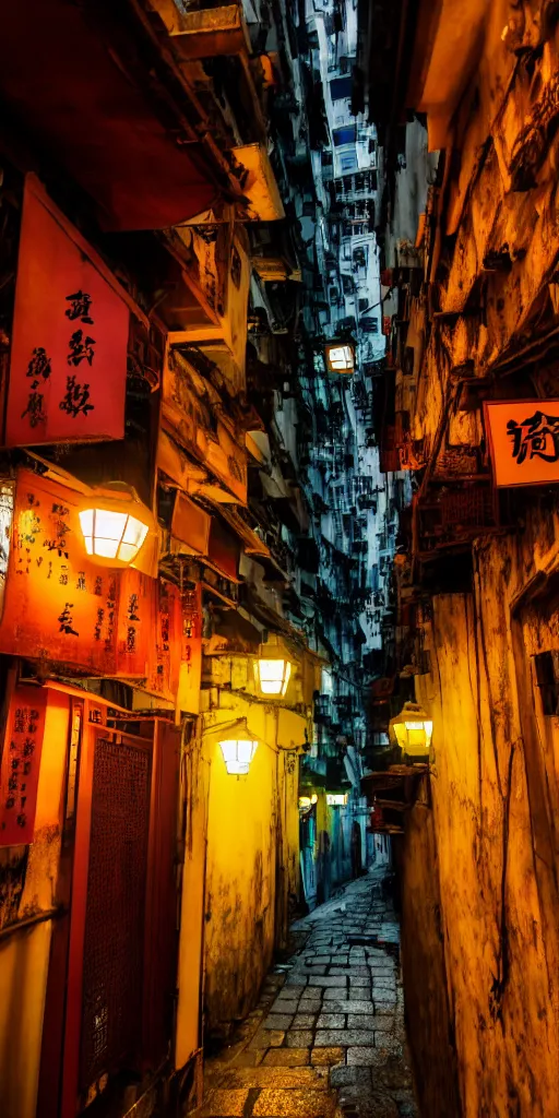 Image similar to an interior view of an old walled city in Hong Kong, colorful, dated and old, dark moody lighting, very detailed, photoreal, 8k, canon 20mm lens