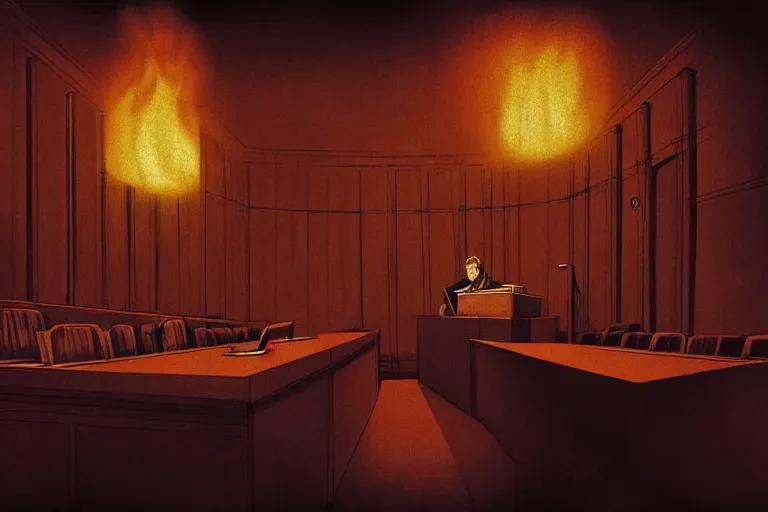 Prompt: editorial illustration by Karolis Strautniekas and Mads Berg, colorful, courtroom the bench,trial, witness stand on fire,fine texture,detailed, matte colors,film noir, dramatic lighting, dynamic composition,moody, vivid