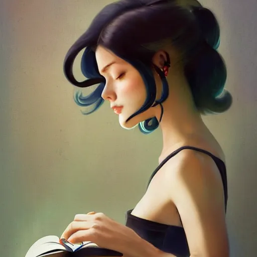 Prompt: a girl reading a book, hair flowing down, matte painting, bold shapes, hard edges, street art, trending on artstation, by huang guangjian and gil elvgren and sachin teng