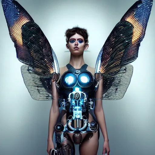 Image similar to a beautiful intricate fine art portrait photo of a a mechanical industrial steampunk cybernetic angel with neon wings against galactic space, soft backlight, by tom bagshaw and zach sutton, perfection!, milk bath photography, studio lighting, 3 5 mm lens, very detailed, bionic, cybernetic scifi, deep depth of field, artstation, 8 k, highly coherent