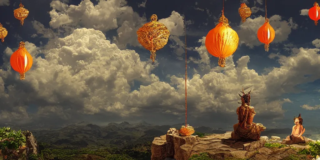 Image similar to wind deity enjoying the view from his stone heavenly palace, decorated with windchimes and paper lanterns, stunning nature and clouds in background, digital art, detailed