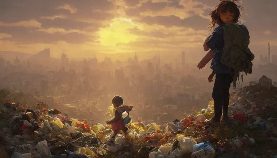 Image similar to poor detailed child with backpack looking for food at garbage dump, city is pure wasteland, sunset in background, detailed characters, alphonse mucha, greg rutkowski, trending on artstation, artgerm, breathtaking, sharp focus, smooth, mark arian, award winning, highly detailed 4 k art