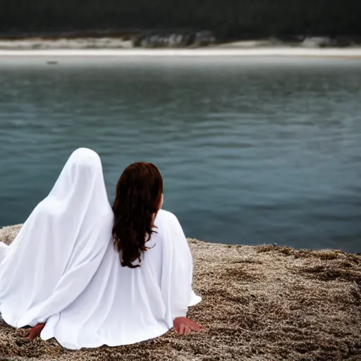 Image similar to two young ghost women wearing white dresses sitting on a blanket at a beach