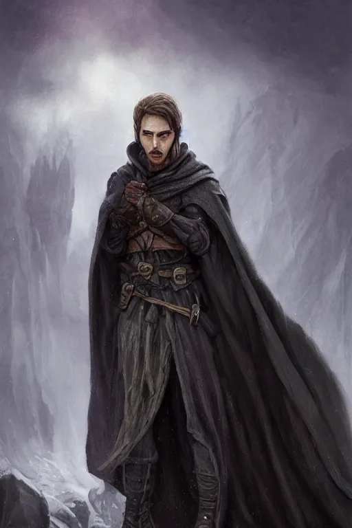 Image similar to a full body high detail fantasy portrait oil painting illustration of a small pale rogue by justin sweet with black cloak, face and body clearly visible, in a scenic background, visible pupils, realistic proportions, d & d, rpg, forgotten realms, artstation trending, high quality, sombre mood, artstation trending, muted colours, entire person visible!