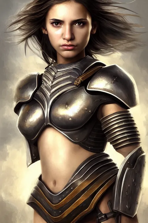 salty-yak180: photo of female warrior(Florence Look Glamour hot)(28 years  old) in skimpy metallic armor, detailed face, look beautiful, wear, warrior  metal suit, look like warrior, full body view, belly show, front look