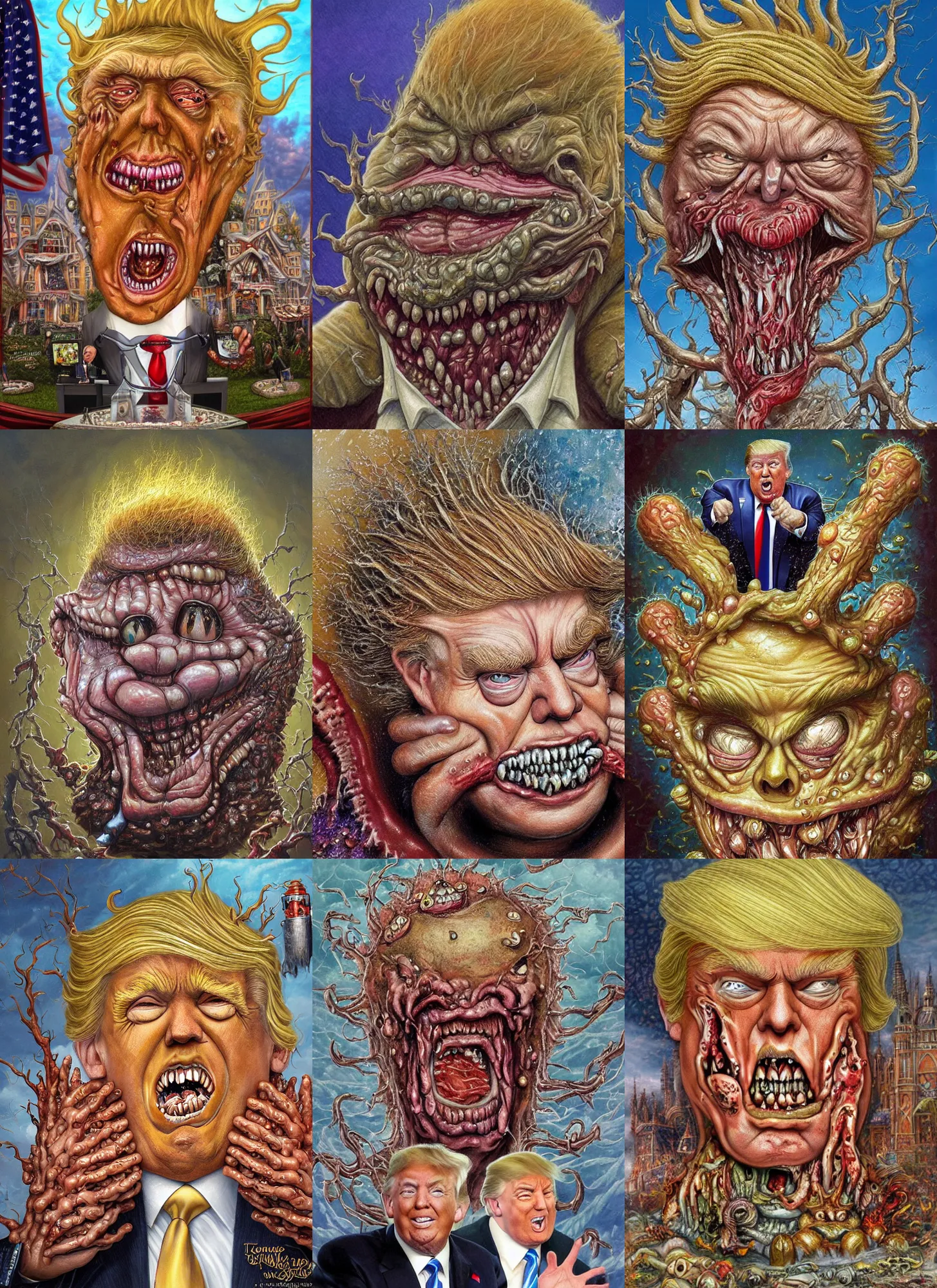 Prompt: donald trump's disgusting true form bursting from within, gross, slimy, sleazy, pustules, high details, intricate details, by thomas kinkade
