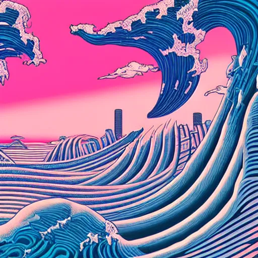 Image similar to a futuristic utopian cityscape that doesn't conform to the laws of physics in the style of the great wave japanese painting, synthwave color scheme