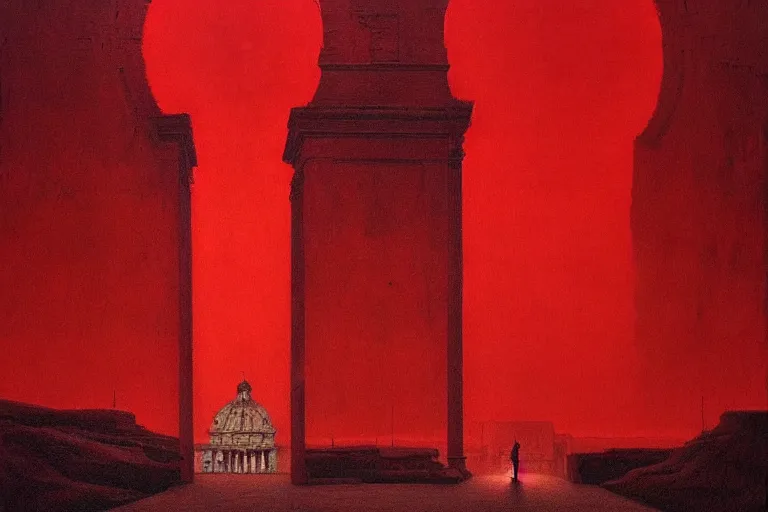 Image similar to only with red, caesar after war, a red tiger, in hoc signo vinces, rome in background, an ancient path, in the style of beksinski, part by hopper, part by rodcenko, part by hofbauer, intricate composition, red by caravaggio, insanely quality, highly detailed, masterpiece, red light, artstation