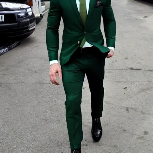 Prompt: UFC fighter Connor mcgregor in a black suit jacket, green tie, and black pants