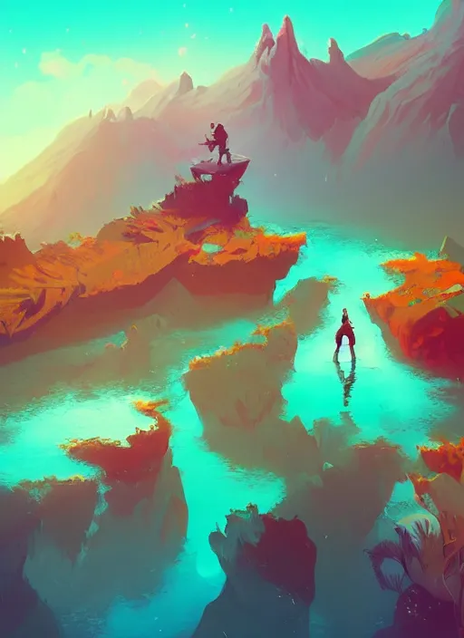 Image similar to man standing on top of a rock next to a river, a screenshot by anton fadeev, featured on polycount, fantasy art, 2 d game art, concept art, official art