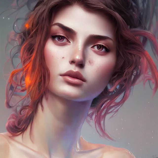 Prompt: detailed portrait of beautiful female made of colored smoke paint, sharp focus, vibrant, professional, vivid, symmetry, highly detailed, 4 k digital painting, detailed skin, artistic, concept art by artgerm, greg rutkowski, alphonse mucha, unreal engine render,
