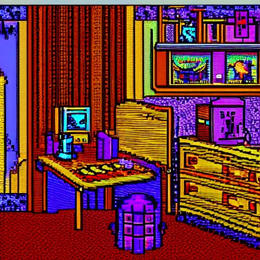 Prompt: 9 0 s bedroom, beautiful detailed pixel art, intricate details, beautiful, dithered gradients, volumetric lighting, 3 d illustration, old school computer game graphics, crpg, d & d, pixel art