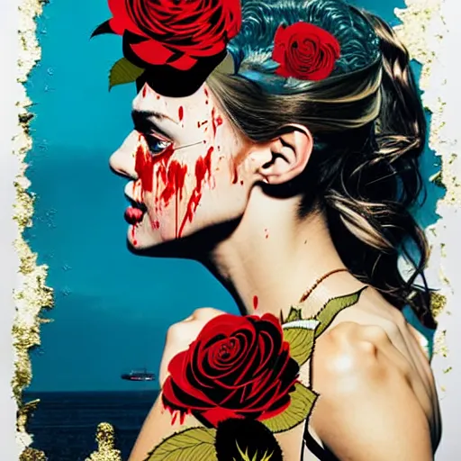 Image similar to portrait of british woman :: side profile :: in ocean :: roses and guns metal details :: gold :: blood and horror :: by marvel and Sandra Chevrier