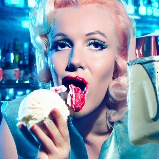 Prompt: marilyn manroe licking a melting ice cream cone sitting in a cyberpunk pub