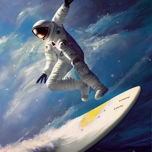 Prompt: a beautiful painting of an astronaut in a white space suit surfing the great wave on a surfboard by greg rutkowski, impasto oil painting, trending on artstation, intricate, octane render