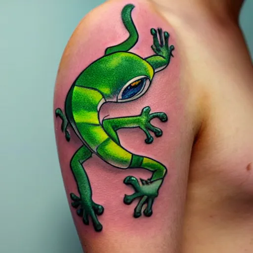 Prompt: cartoon tattoo of cute light green gecko on shoulder with light shading in the background