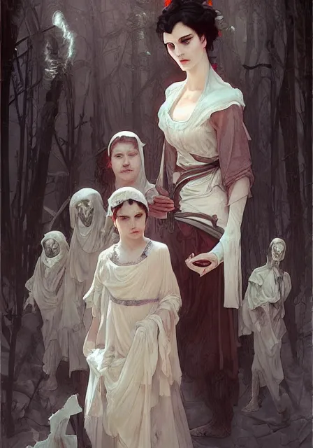 Image similar to snow white zombie apocalypse mummy and demons, intricate, elegant, highly detailed, digital painting, artstation, concept art, smooth, sharp focus, illustration, art by artgerm and greg rutkowski and alphonse mucha and william - adolphe bouguereau