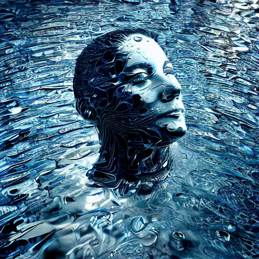 Prompt: water artwork manipulation in a shape of a human head,, ray tracing, sharp focus, realistic water, long shot