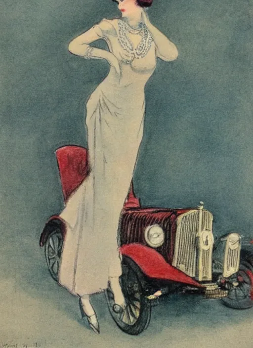 Prompt: Louis Icart, an old colored drawing of a woman posing in front of a 1920's car by Louis Icart, highly detailed, masterpiece