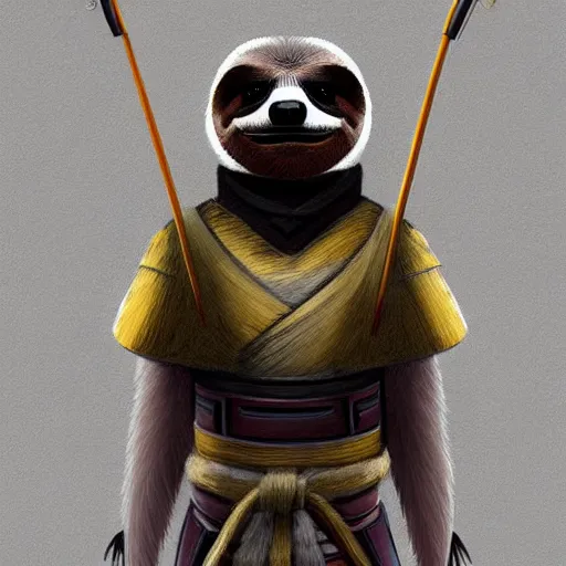 Image similar to graphic, hyperreal illustration of anthropomorphic sloth in traditional samurai armor : : digital art, concept art, character development