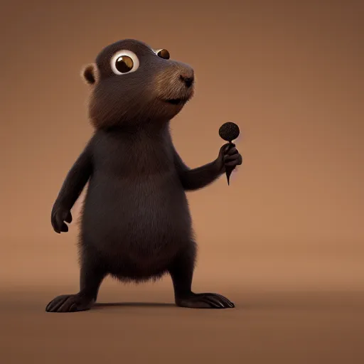 Image similar to cute anthro brown marmot in a black tuxedo while holding a pencil, pixar character, digital art, 3 d rendered in octane, blender, maya, shadows, lighting