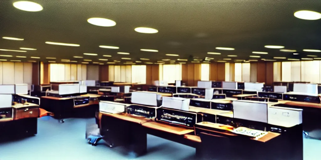 Image similar to a large 1970's computing room with 9-track machines and glowing screens. by IBM by Amdahl.