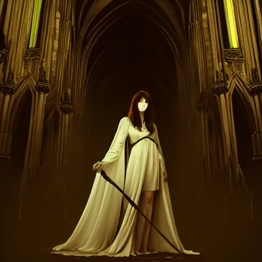 Prompt: a photograph of mary elizabeth winstead as a vampire in a gothic cathedral at night, gloomy, horror, photograph by artgerm and alphonse mucha and ross tran and greg rutkowski.