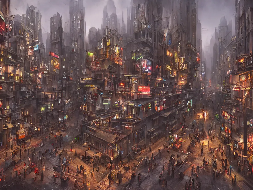 Prompt: beautiful matte painting of a busy city street with jagged and complex buildings, vivid lights, art deco, brutalism, technological lights, screens, ads, fine detail, cinematic lighting, concept art, by hugh ferris