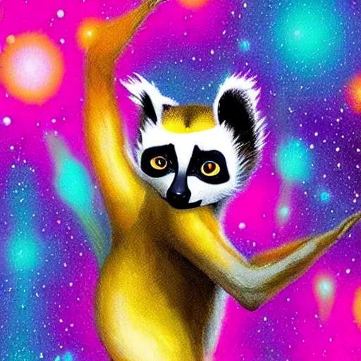 Image similar to abstract Lemur in inspiring yoga pose, breathtaking cosmic colors and stars, abstract digital art artstation