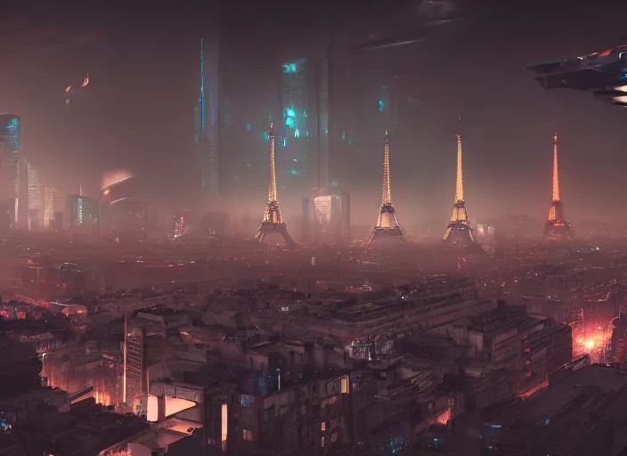 Image similar to cyberpunk scifi scene of paris at night, scifi drones in the sky, artstation, matt painting, very detailed, maximalism, ambient occlusion, volumetric light, atmospheric haze, unreal engine, hyper realism, realistic shading, cinematic composition, realistic render, octane render, detailed textures, photorealistic, wide shot