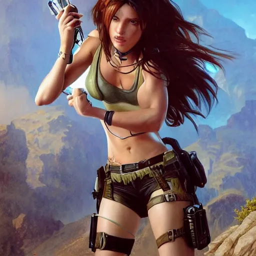 Image similar to ultra realistic illustration, bella thorne as lara croft, intricate, elegant, highly detailed, digital painting, artstation, concept art, smooth, sharp focus, illustration, art by artgerm and greg rutkowski and alphonse mucha