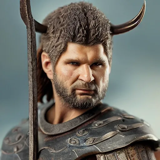 Image similar to of a viking from valhalla, wearing the horned helmet ultra fine detail, hair strands, ultra high resolution, fine texture detail, miniature painting techniques, perfect proportions, marvel cinematic universe, eric bana