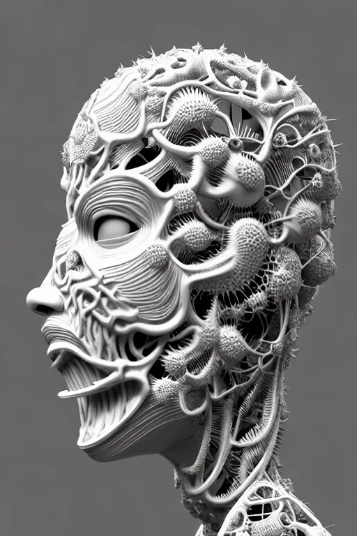 Prompt: bw 3 d render, hyper detailed, stunning beautiful biomechanical albino maniac cyborg with a porcelain profile face, beautiful natural soft rim light, big leaves and stems, roots, fine foliage lace, alexander mcqueen, studio ghibli, herge, art nouveau fashion embroidered, steampunk, silver filigree details, hexagonal mesh wire, mandelbrot fractal, 8 k