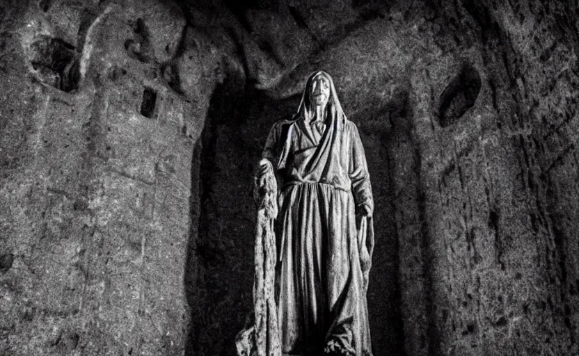 Prompt: tv footage of a decrepit creepy statue of the archangel gabriel staring at the camera, alone in a cavernous dark old catacomb, realistic, pitch black, depth of field, wide shot, sinister, bad lighting, foreboding, blurry, grainy photo