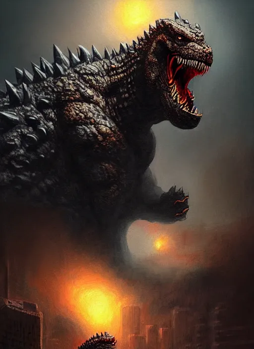 Prompt: portrait of angry godzilla, beautiful face, hyper realistic, highly detailed, digital painting, artstation, illustration, concept art by hyung tae and frank frazetta, digital paint, matte paint, washed colors, eating cakes, dark, gloomy, foggy