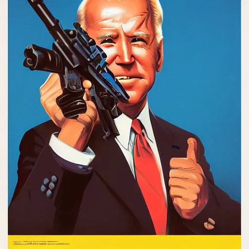 Image similar to propaganda poster of joe biden pointing gun directly at camera in james bond mobie, closeup of gun, visible barrel and grip by j. c. leyendecker, bosch, lisa frank, jon mcnaughton, and beksinski