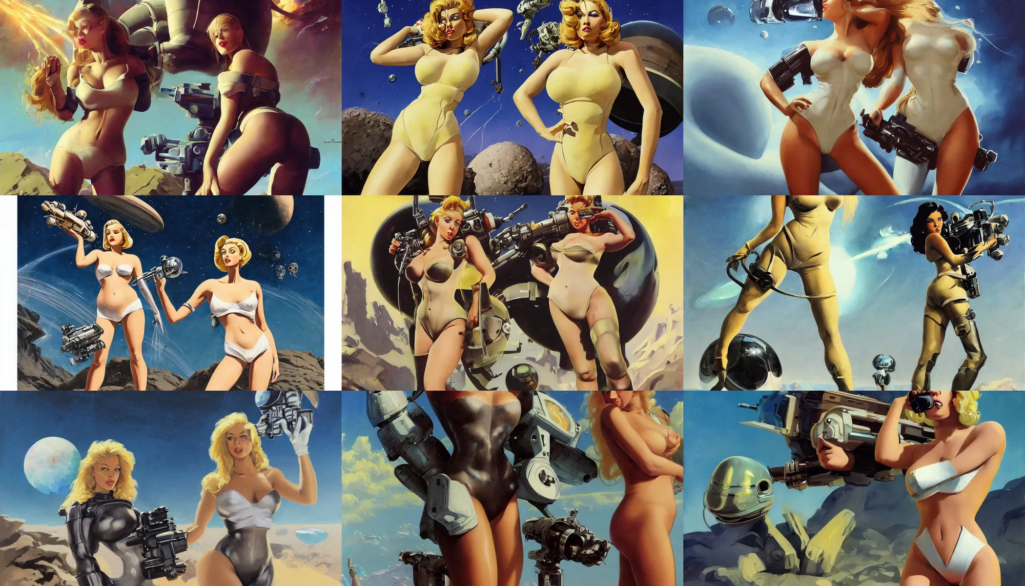 Image similar to A mixed media portrait painting of a beautiful blonde brunette woman exploring an alien planet, very curvy, aesthetic! high-waisted white-bikini-armor and boots, holding raygun, aesthetic symmetrical face and eyes, model, Scandinavian, wet, discarded mechsuit in background, by Frank Frazetta, Boris Vallejo, Beeple, Greg Rutkowski, Christian MacNevin, eighties-pinup style, epic fantasy character art, high fantasy, CGsociety, exquisite detail, post-processing, masterpiece, cinematic