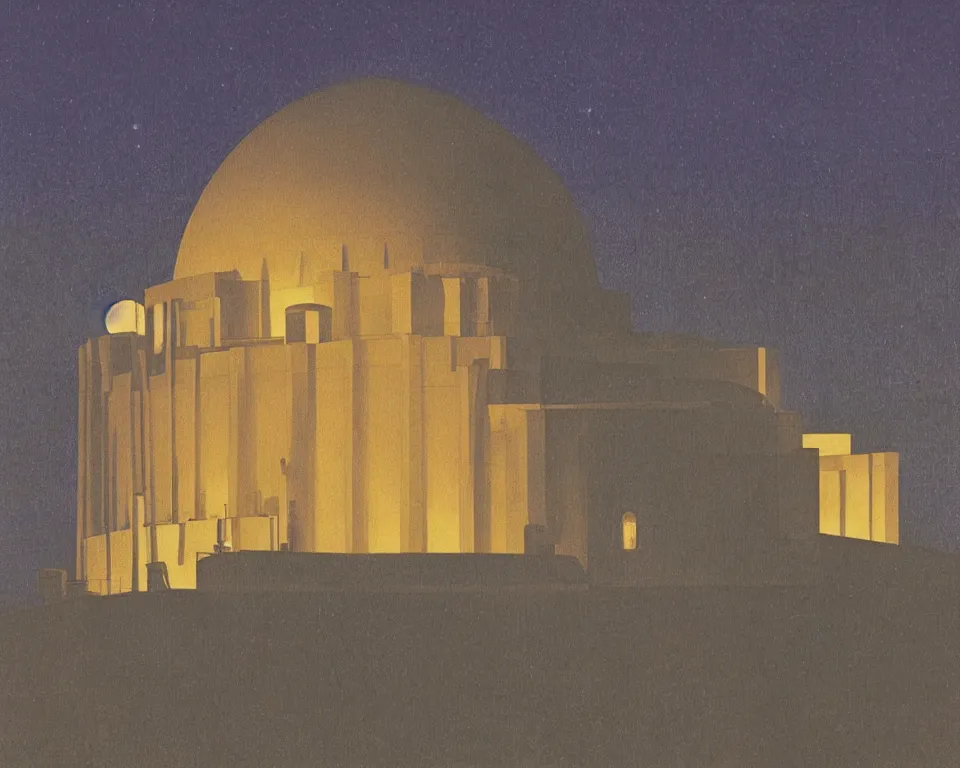 Prompt: achingly beautiful print of the Griffith Observatory bathed in moonlight by Hasui Kawase and Lyonel Feininger.