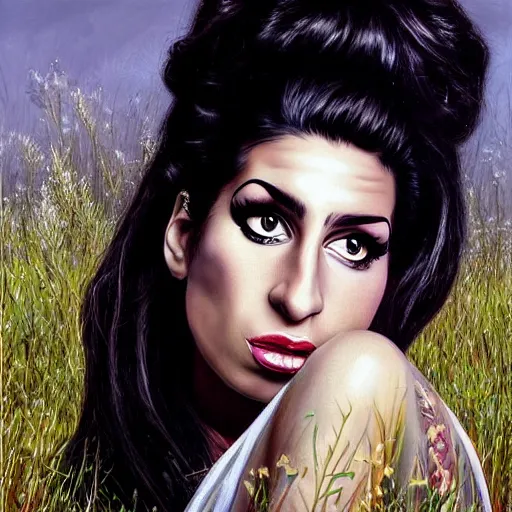 Prompt: striking hyper realistic painting of Amy Winehouse sitting in a meadow by Ivan Buchholz,